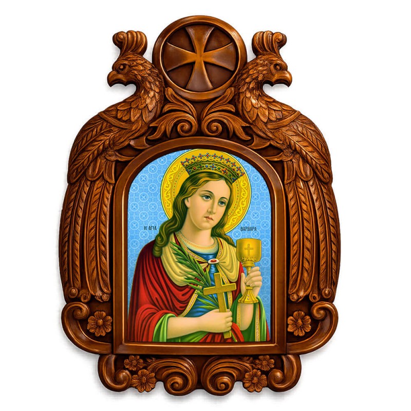 Αγία Βαρβάρα - Ξυλόγλυπτη εικόνα με αετούς 39cm