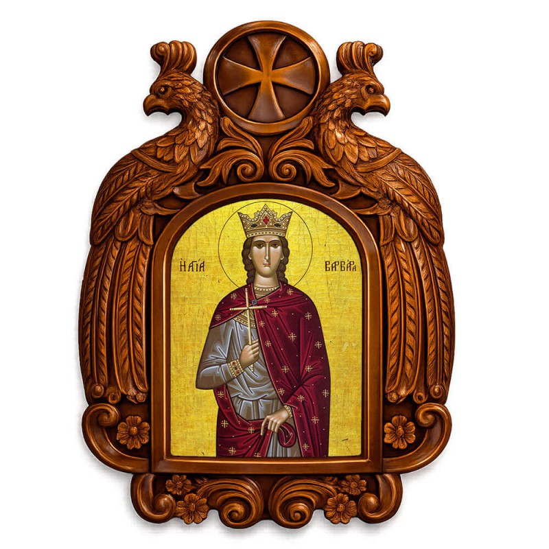 Αγία Βαρβάρα - Ξυλόγλυπτη εικόνα με αετούς 39cm