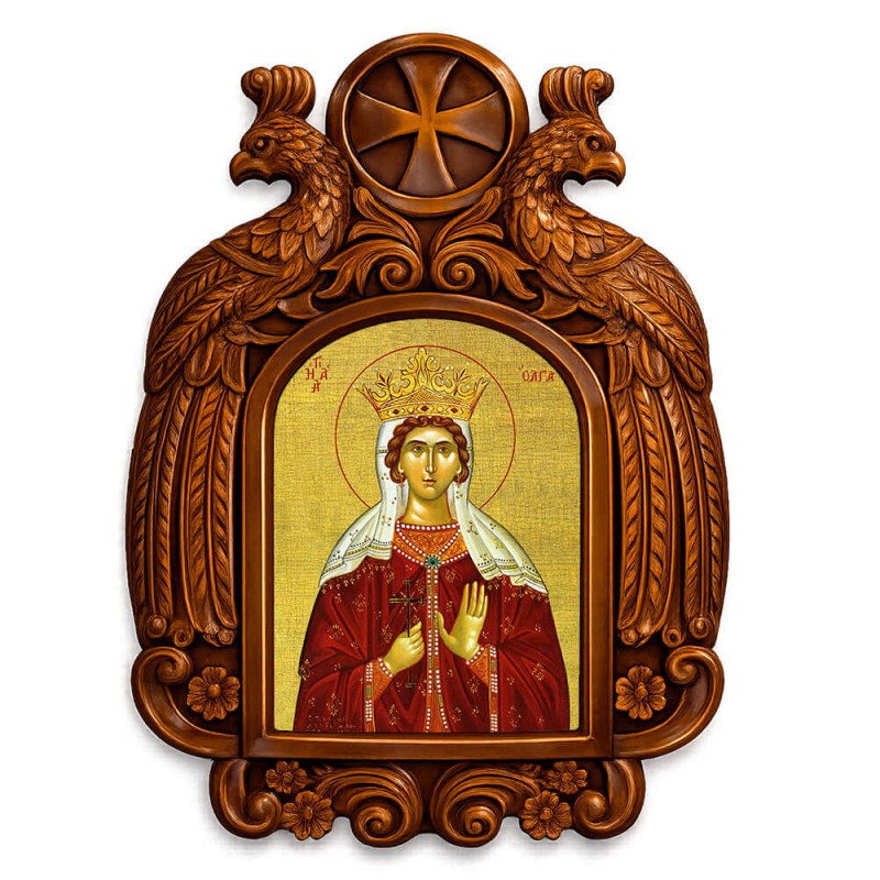 Αγία Όλγα - Ξυλόγλυπτη εικόνα με αετούς 39cm