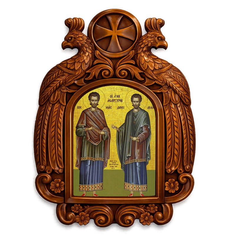 Άγιοι Ανάργυροι - Ξυλόγλυπτη εικόνα με αετούς 39cm