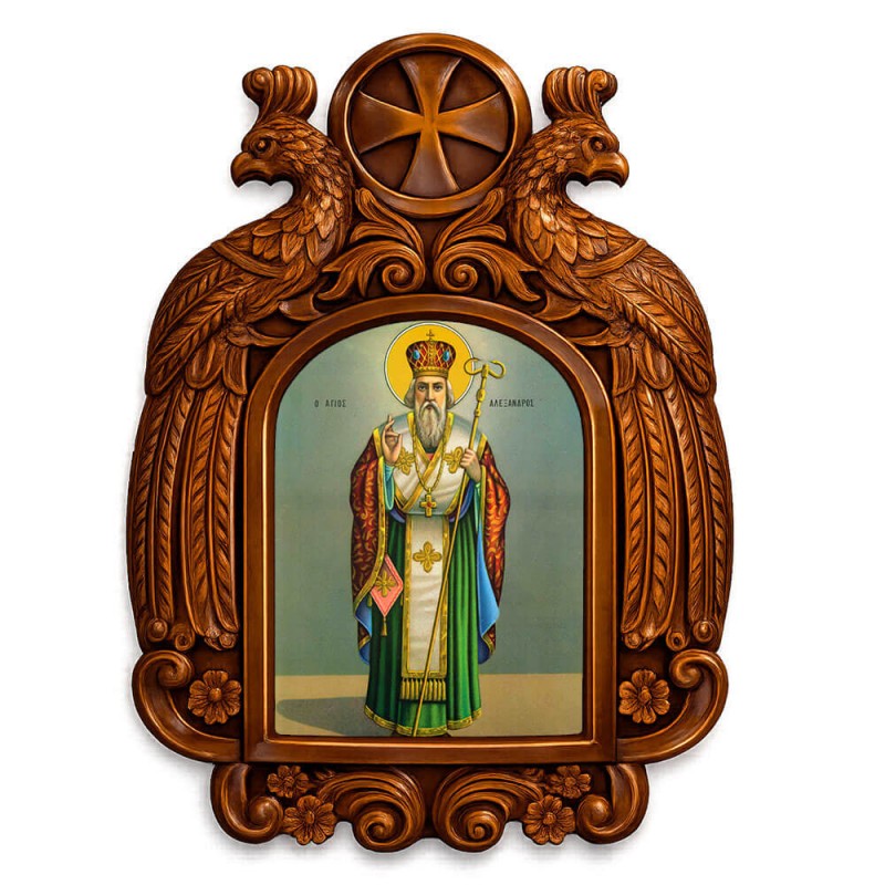 Άγιος Αλέξανδρος - Ξυλόγλυπτη εικόνα με αετούς 39cm
