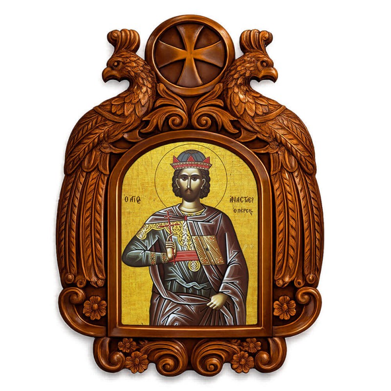 Άγιος Αναστάσιος - Ξυλόγλυπτη εικόνα με αετούς 39cm