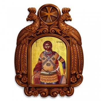 Άγιος Αρτέμιος - Ξυλόγλυπτη εικόνα με αετούς 39cm