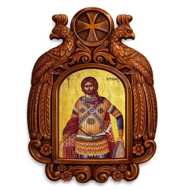 Άγιος Αρτέμιος - Ξυλόγλυπτη εικόνα με αετούς 39cm