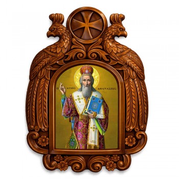 Άγιος Αθανάσιος - Ξυλόγλυπτη εικόνα με αετούς 39cm