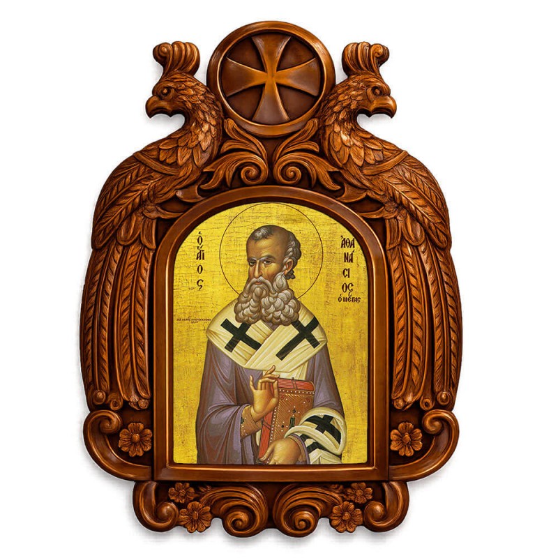 Άγιος Αθανάσιος - Ξυλόγλυπτη εικόνα με αετούς 39cm