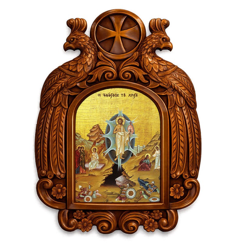 Ανάσταση Χριστού - Ξυλόγλυπτη εικόνα με αετούς 39cm