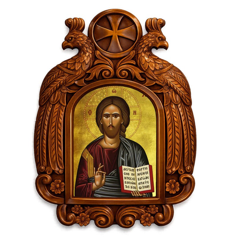Ιησούς Χριστός - Ξυλόγλυπτη εικόνα με αετούς 39cm