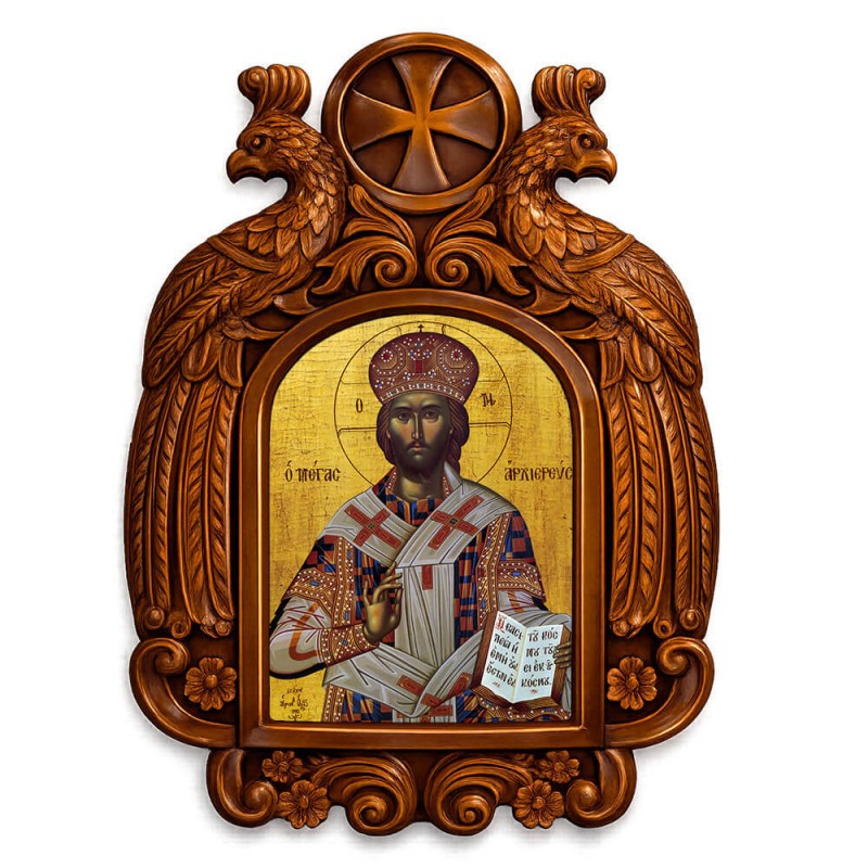 Ιησούς Χριστός ο Μέγας Αρχιερευς - Ξυλόγλυπτη εικόνα με αετούς 39cm