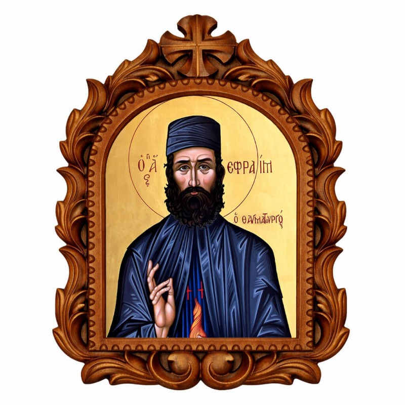 Άγιος Εφραίμ - Οβάλ Ξυλόγλυπτη 39cm 