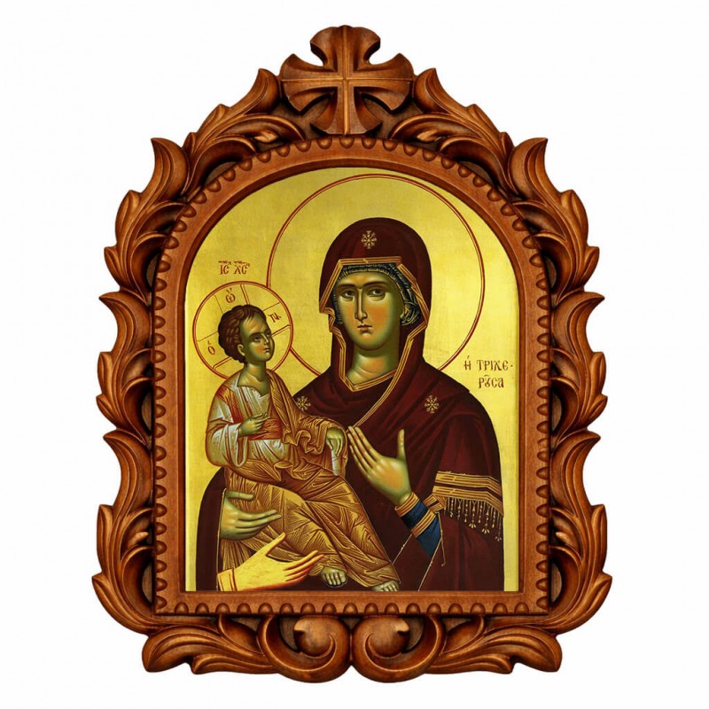 Παναγία Τριχερούσα - Οβάλ Ξυλόγλυπτη 39cm 