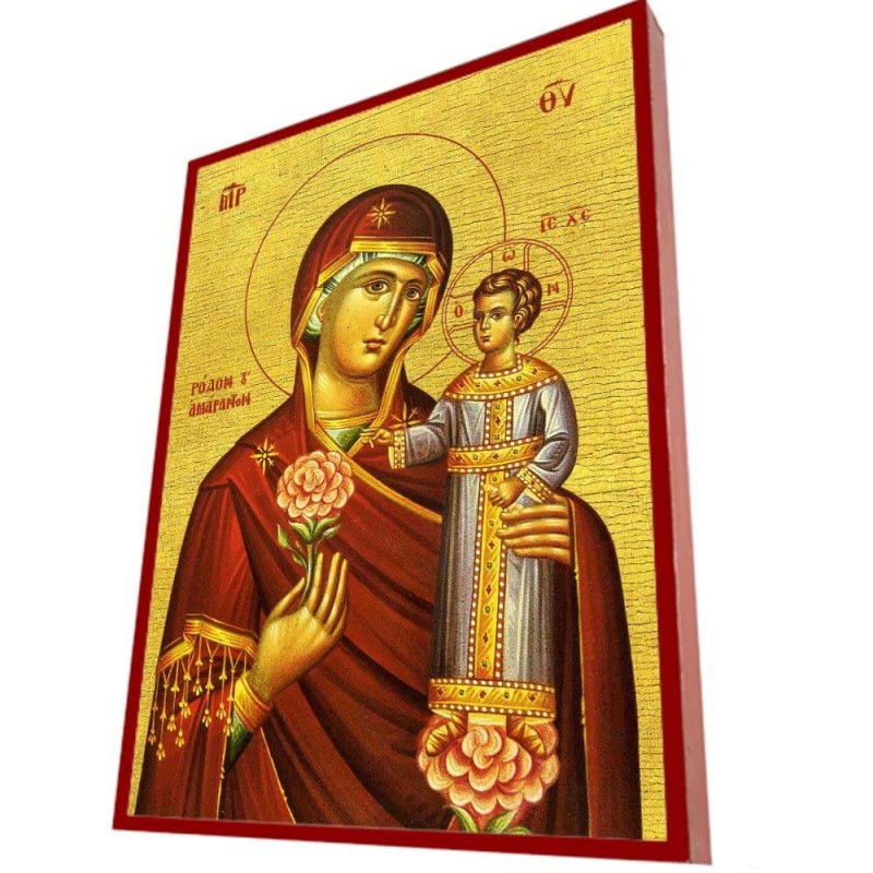 ΠΑΝΑΓΙΑ ΡΟΔΟΝ ΤΟ ΑΜΑΡΑΝΤΟΝ- Οικονομική Ξύλινη Εικονίτσα Μπομπονιέρα  