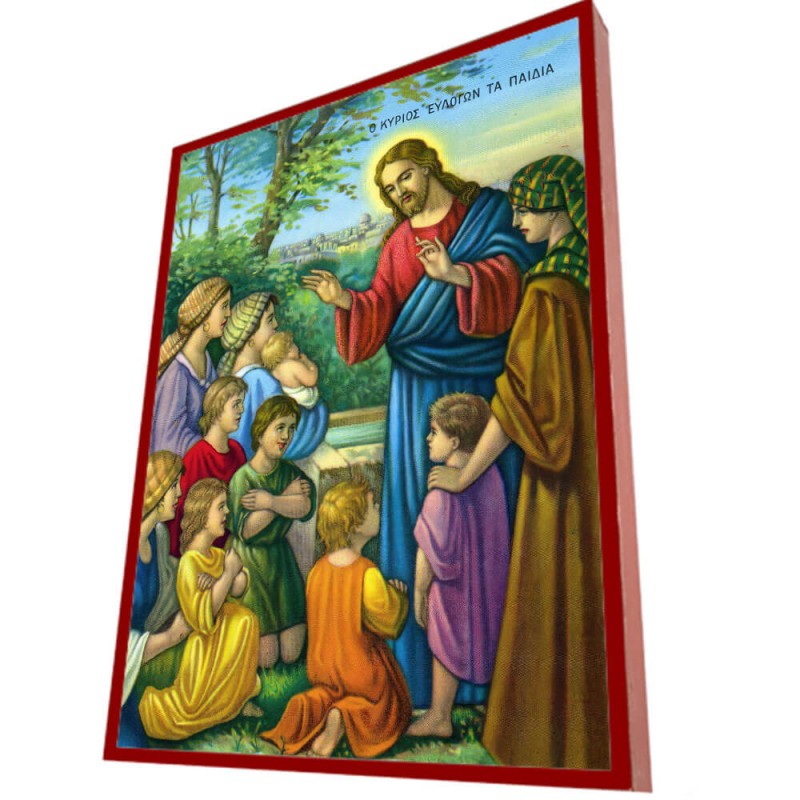 ΙΗΣΟΥΣ ΧΡΙΣΤΟΣ ΕΥΛΟΓΕΙ ΤΑ ΠΑΙΔΙΑ - Οικονομική Ξύλινη Εικονίτσα Μπομπονιέρα  