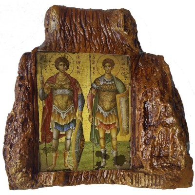 ΑΓΙΟΙ ΓΕΩΡΓΙΟΣ & ΔΗΜΗΤΡΙΟΣ – Εικόνα σε Πέτρα (Μεσαία 13cm)
